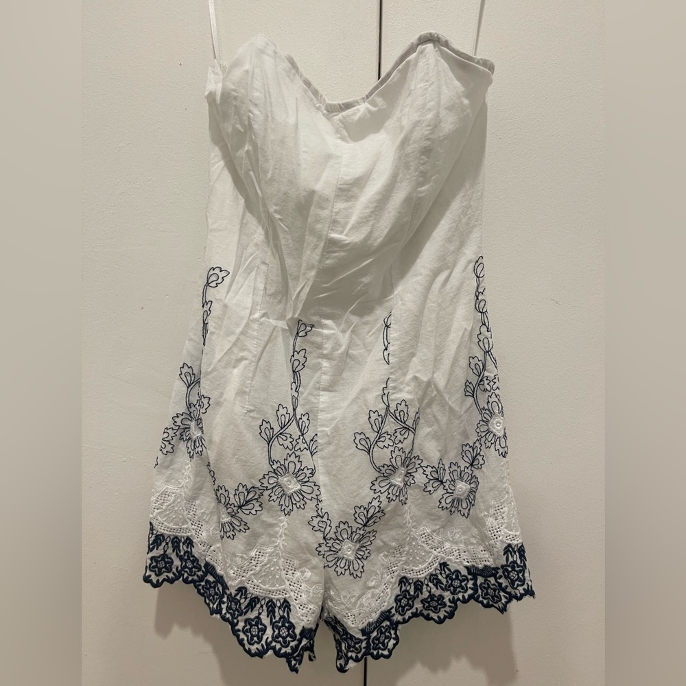 Strapless White and Navy Floral Lace Romper
